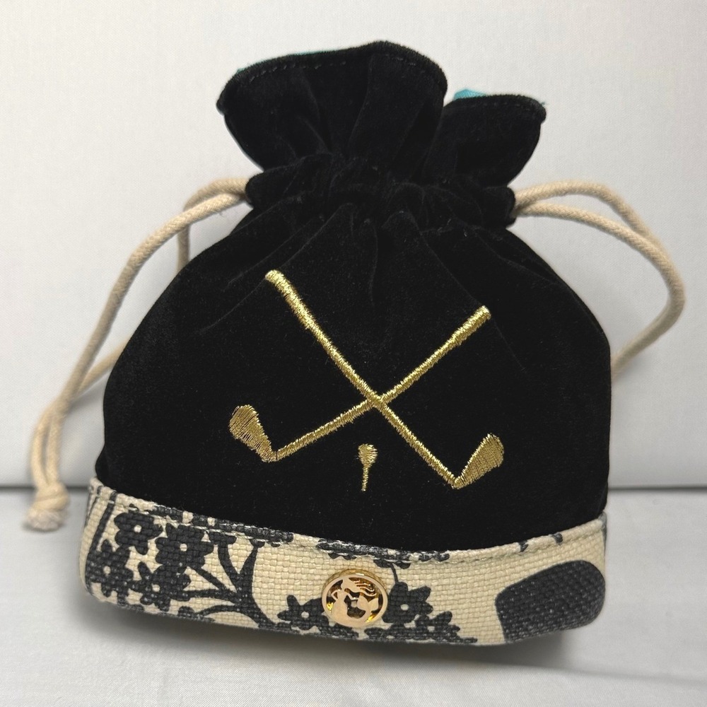 Spartina 449 Black Velvet Linen Golf Clubs Drawstring Pouch Accessory Bag